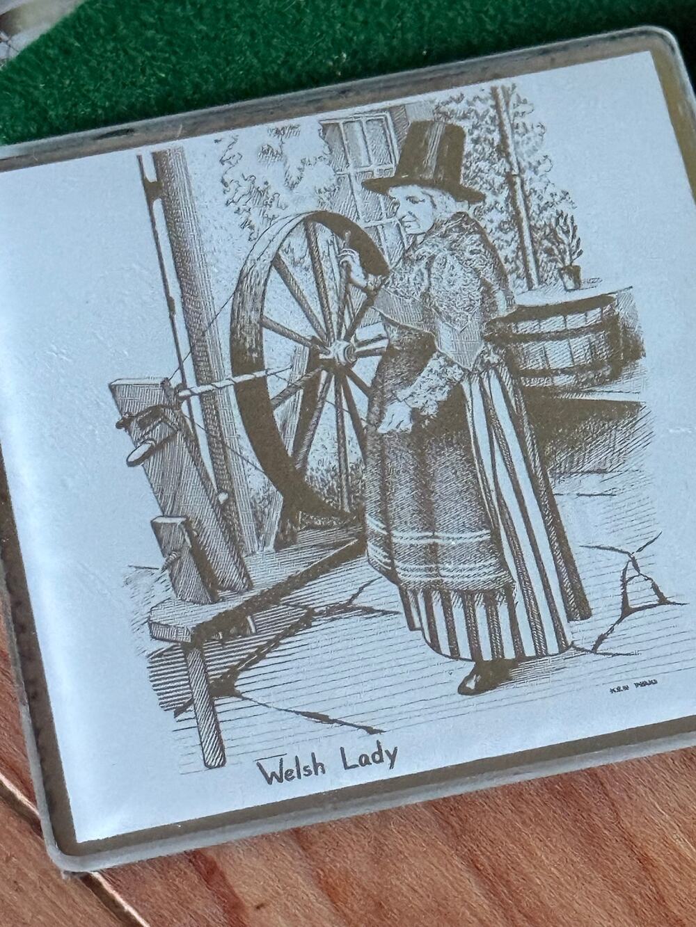 Vintage Welsh Lady 3" Mirror Coasters Set of 6 Ken Evans Wales Souvenir Glass